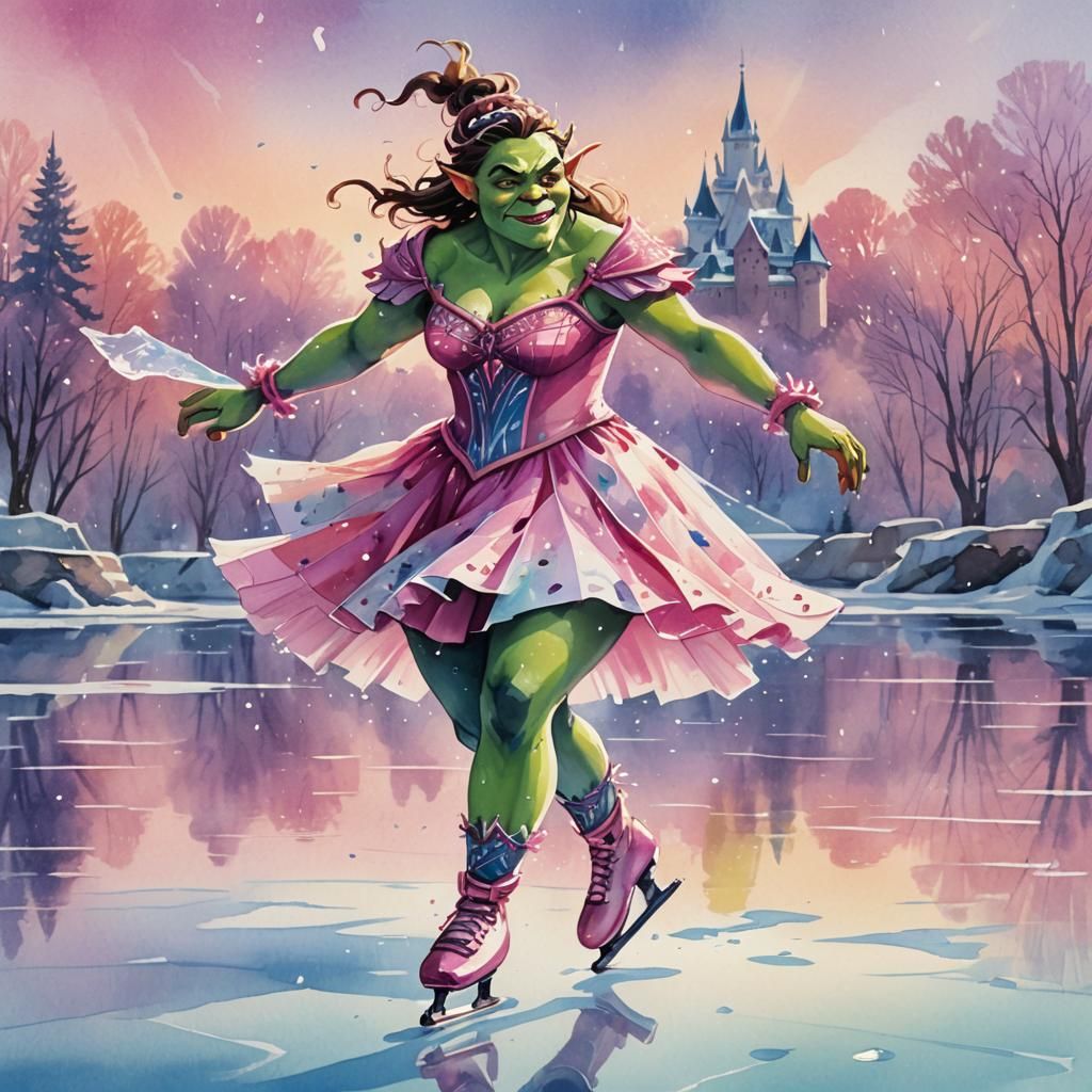 Ogre Ballet on Ice: A Whimsical Watercolor Cartoon