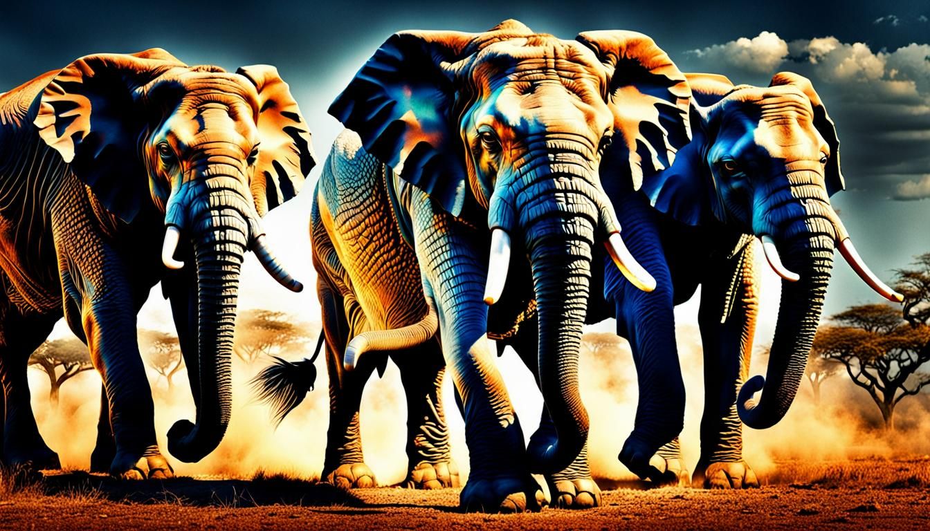 Majestic Elephant Herd Trumpeting in Hyperrealistic Detail