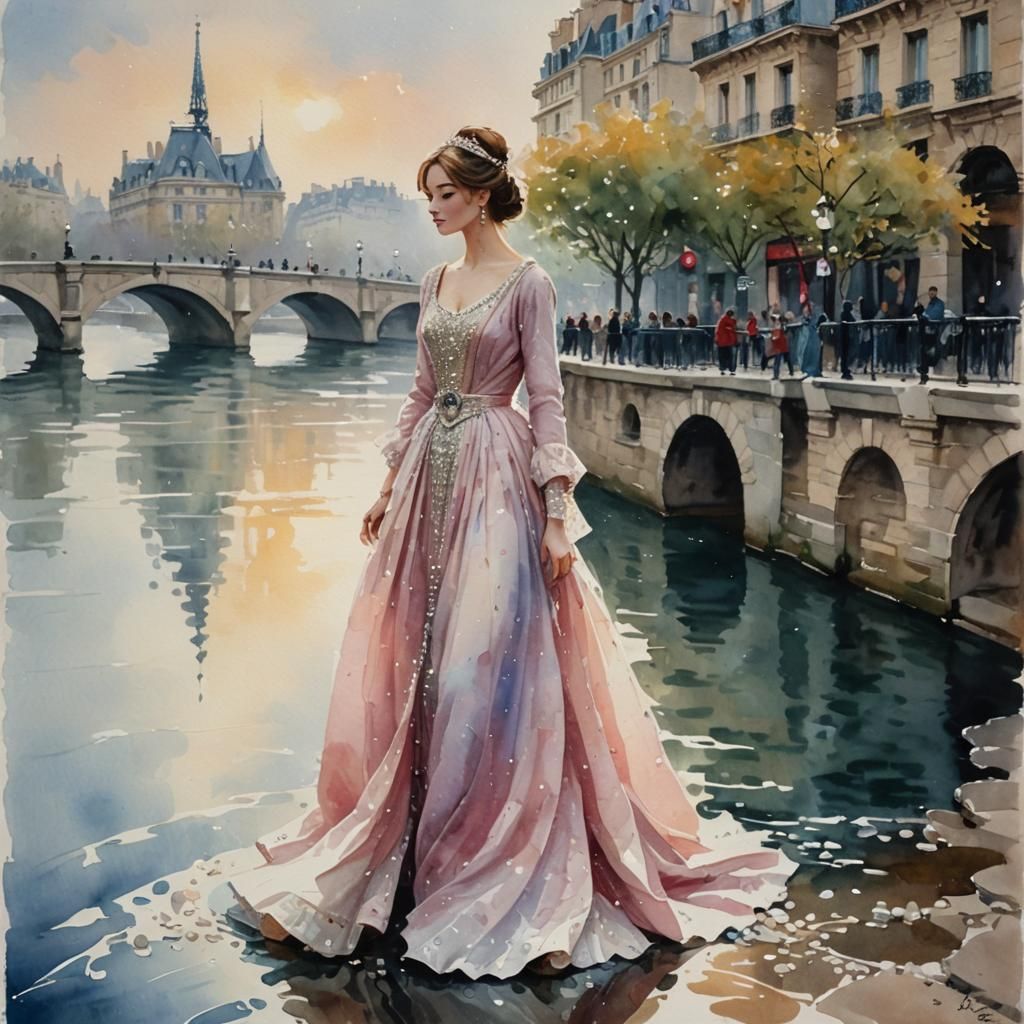 Parisian Princess on Pearl River as Impasto Gouache