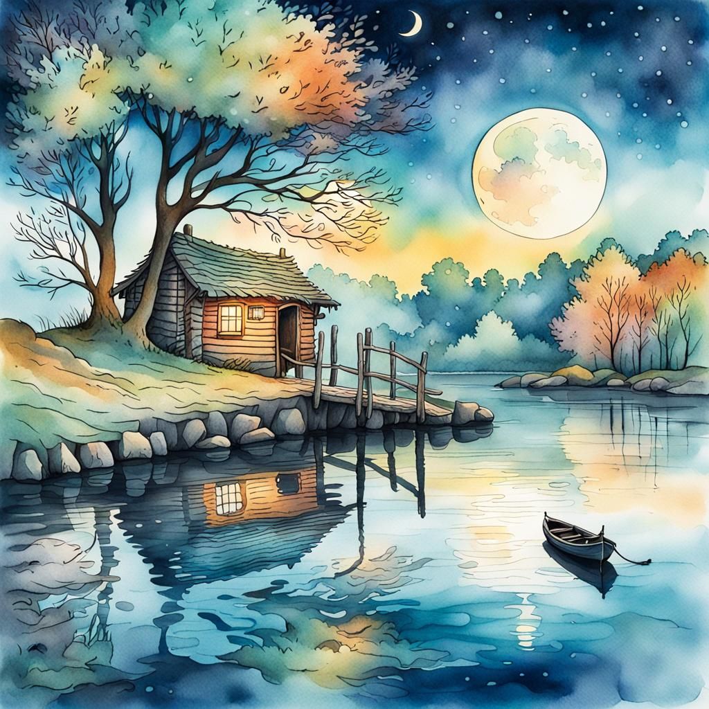 Ethereal Ink Landscape with Crescent Moon Reflection