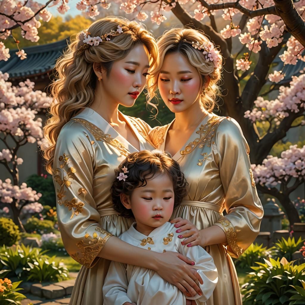 Pregnant Woman Comforts Child in Cherry Blossom Garden