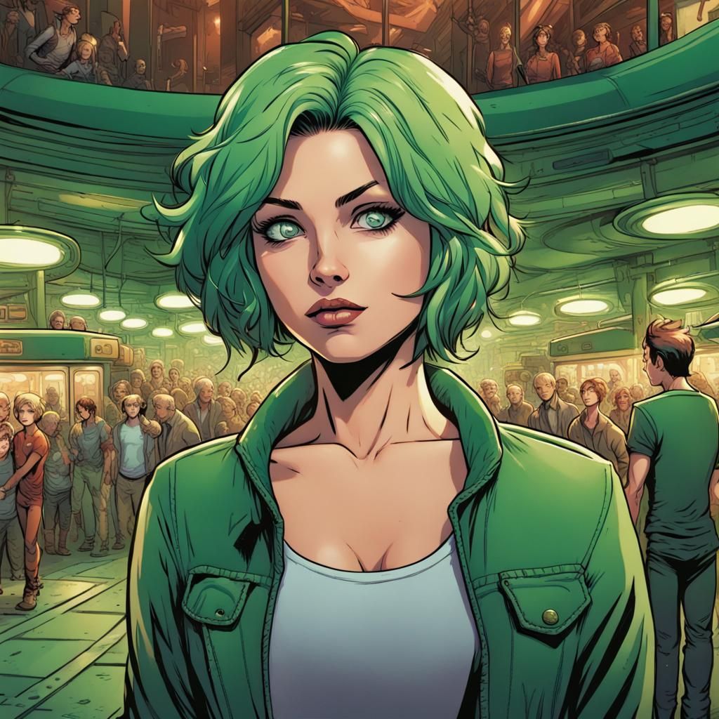 Green-Haired Woman in Theme Park, Comic Book Art