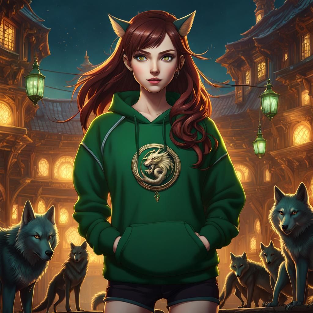 Anime Girl with Wolves: Fantasy Concept Art