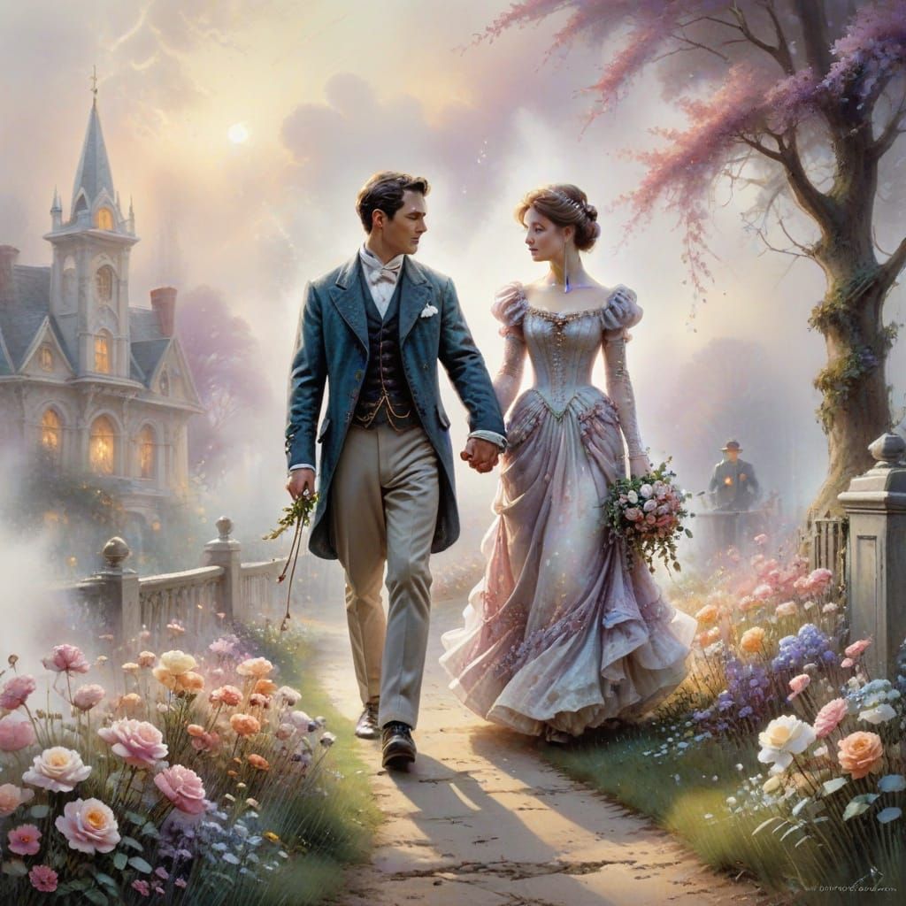 Victorian Couple Macro Watercolour with Flowers