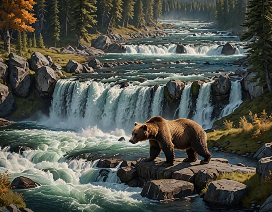 Brown Bear at Brooks Falls with Leaping Salmon