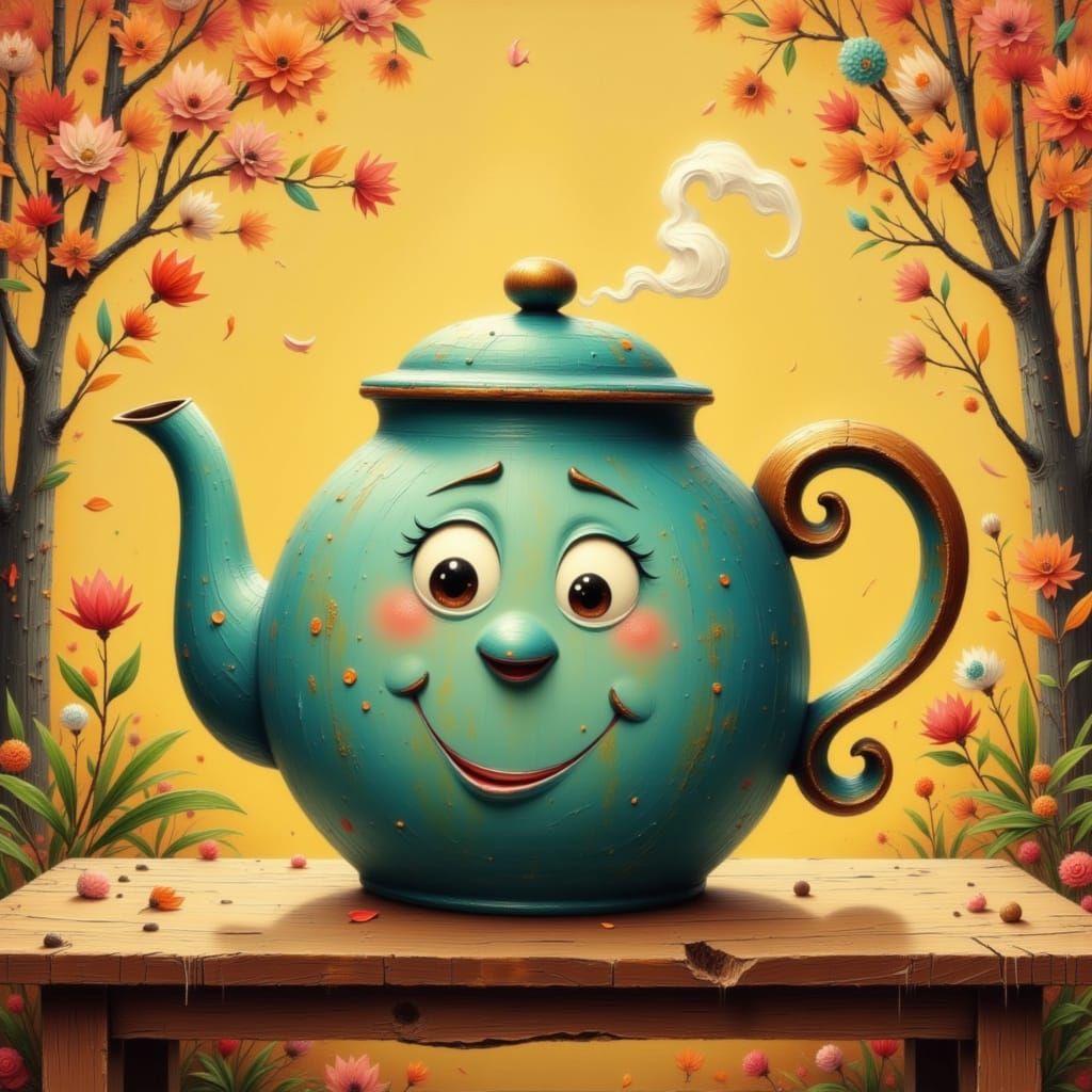 Whimsical Teapot Grinning on Rustic Table