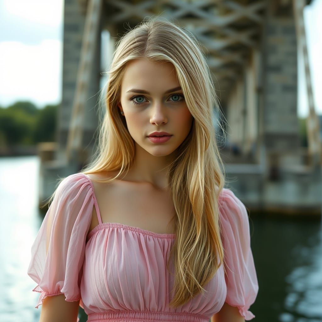Young Woman Stands at Bridge in Summer Dress