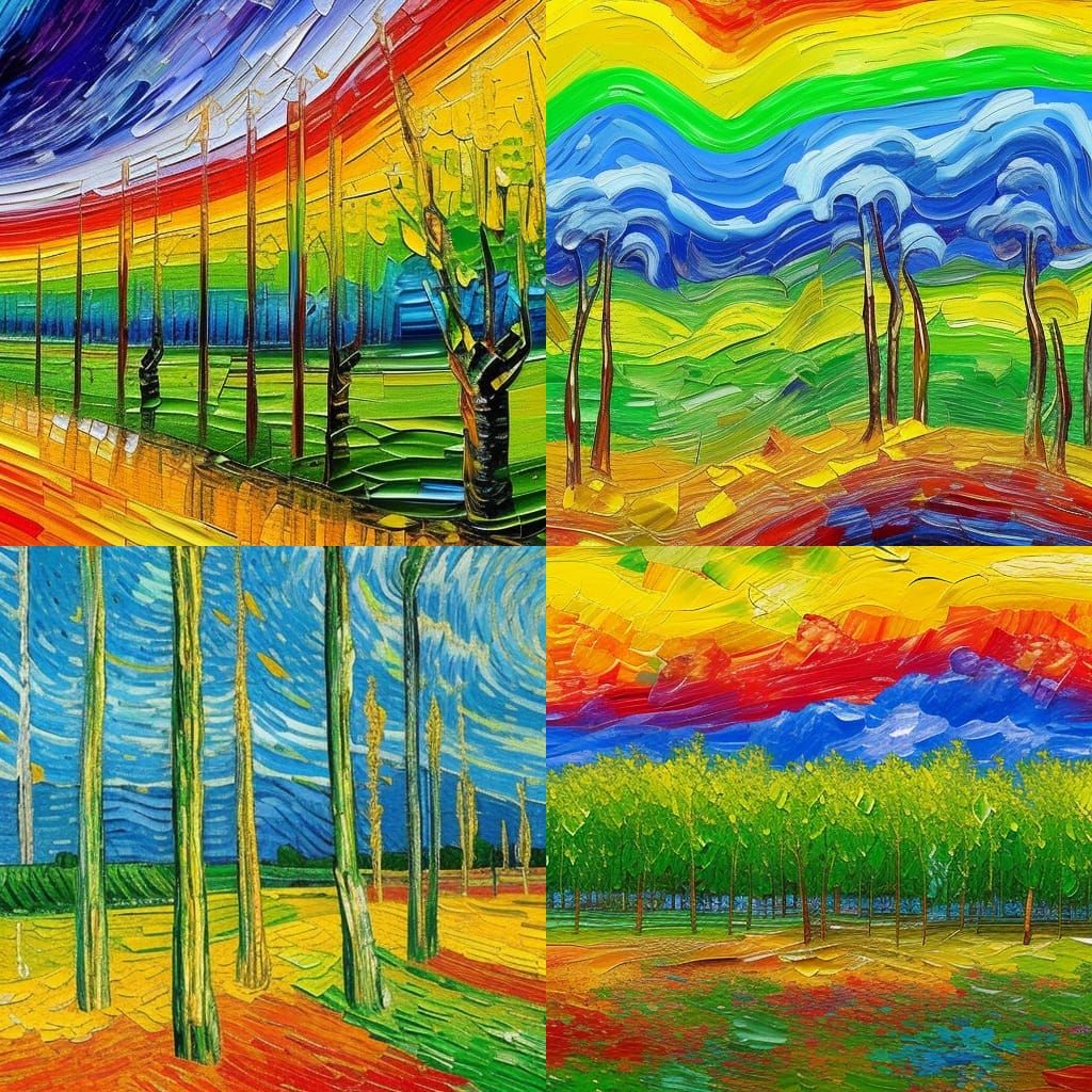 Rainbow Over Poplar Trees in Impasto Style