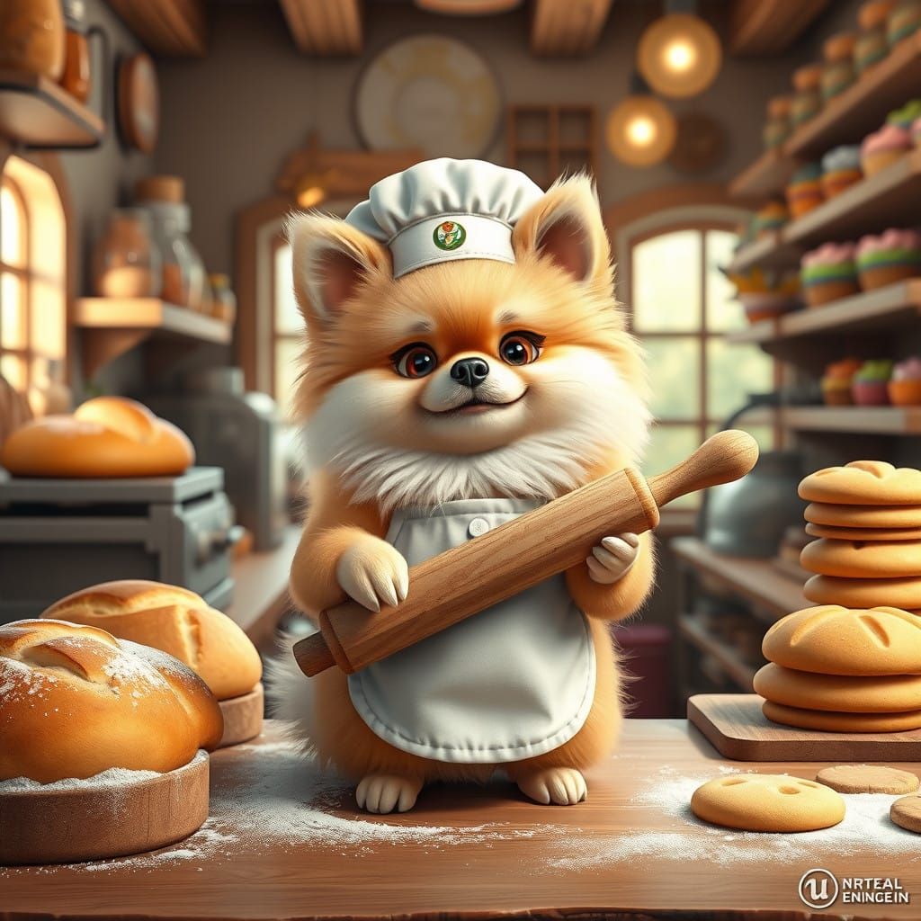 Fluffy Pomeranian Baker in Cozy Bakery Scene