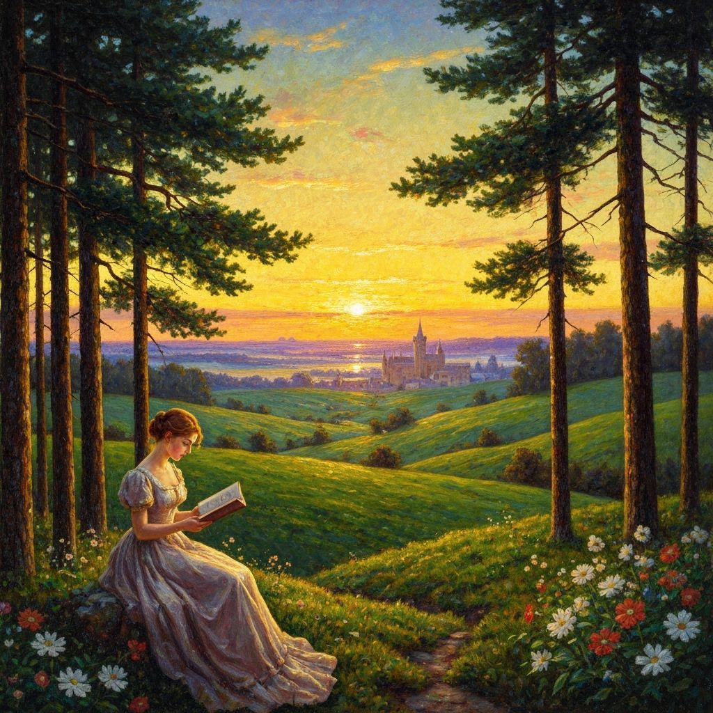 Woman Reading in Serene Winter Landscape with Golden Sunset