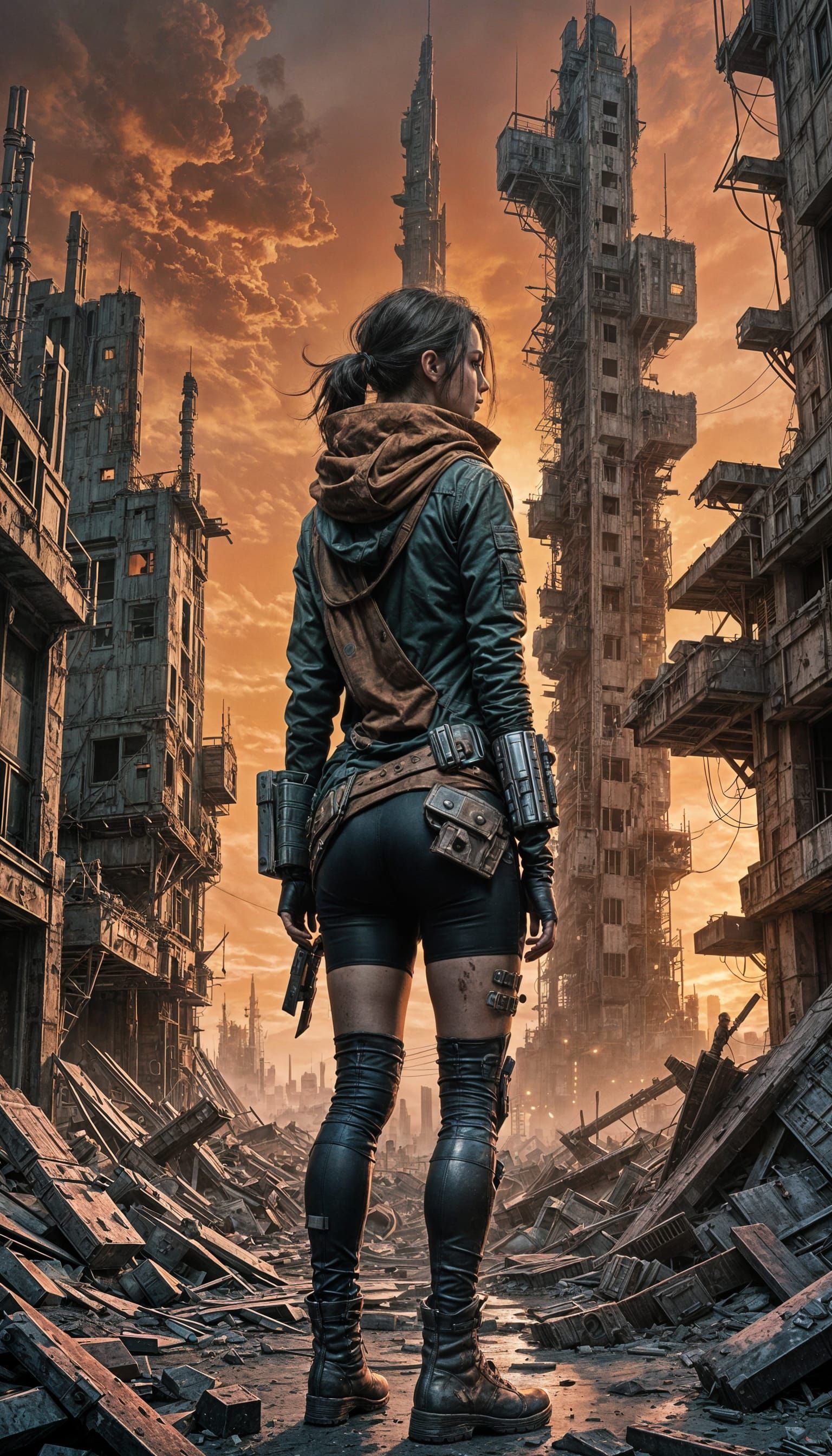 Dystopian Girl in Brutalist Post-Apocalyptic Landscape