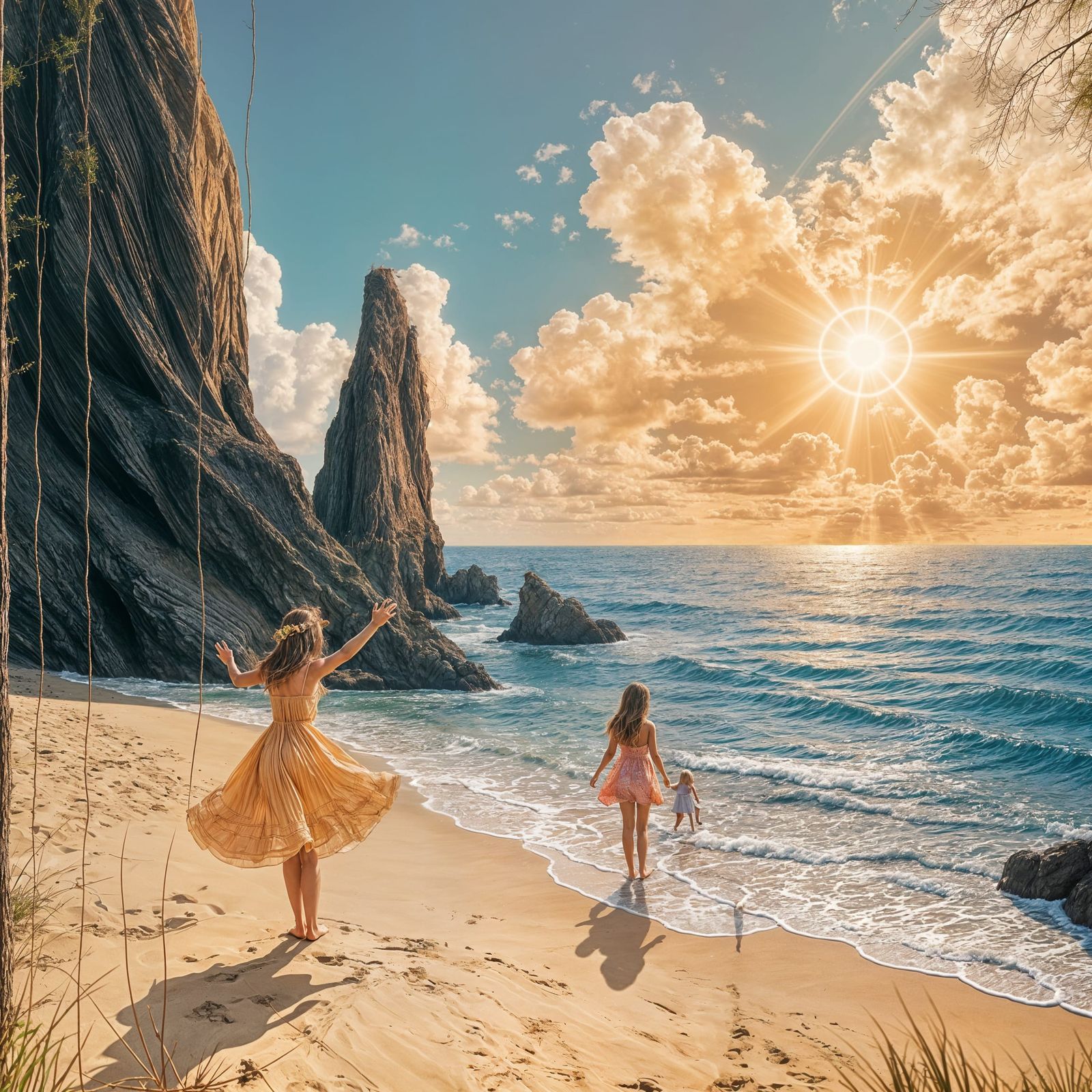 Tanned Mother and Daughter Play by Magical Oceanside Shore