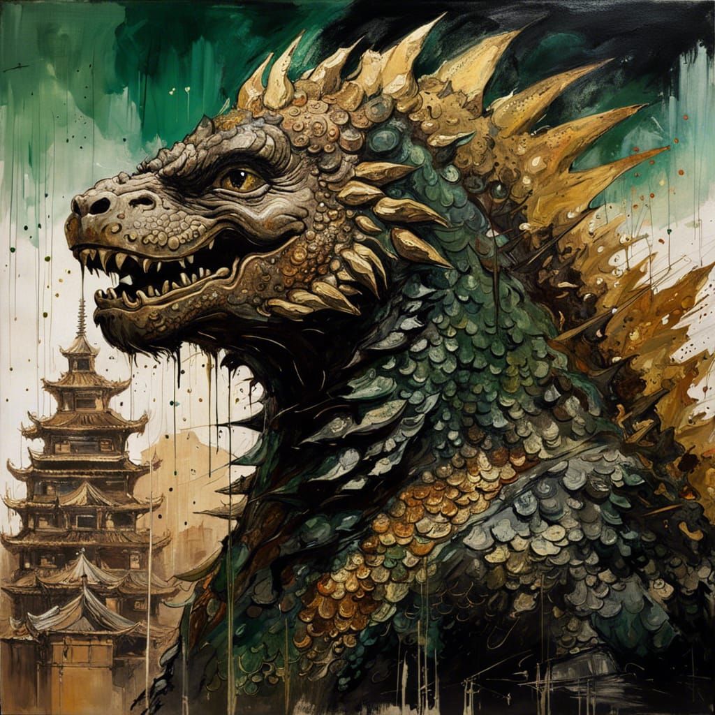 Godzilla in an Ancient City: Oil Painting