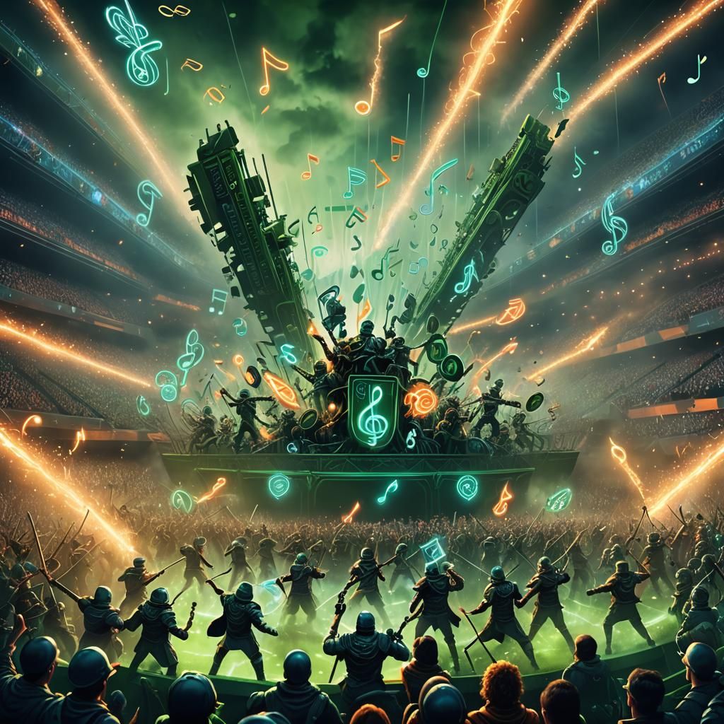 Musical Armies Clash in Neon Stadium: Digital Art