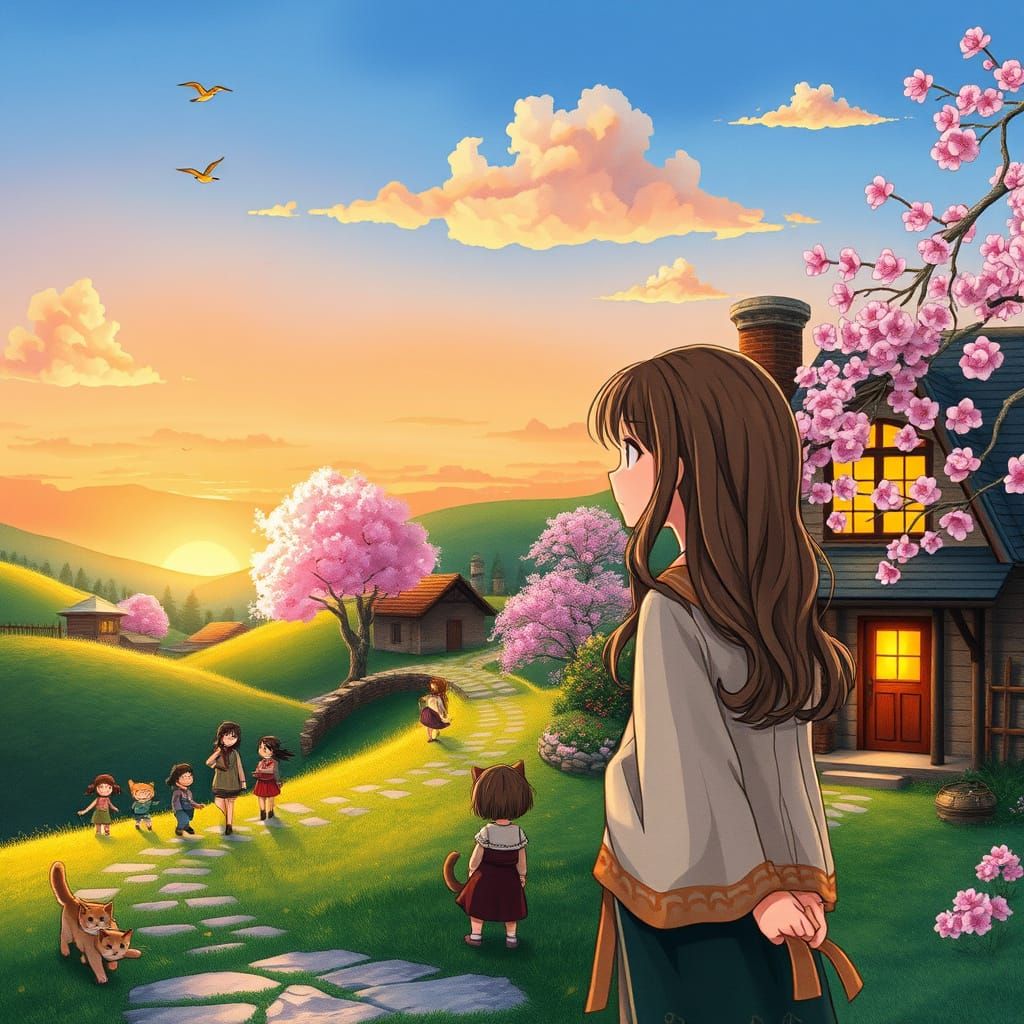 Whimsical Village at Sunset in Ghibli-Inspired Style