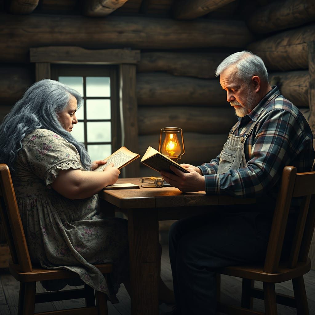 Couple's Intimate Scene in Rural Cabin Kitchen