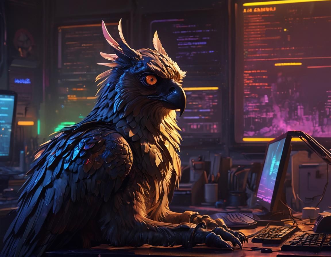 Cyberpunk Gryphon Gazing at Computer Screen
