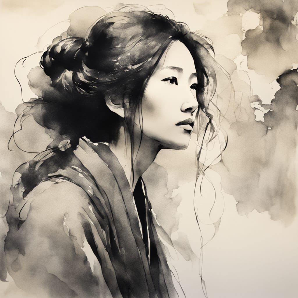 Ethereal Woman in Sumi-e Style, Minimal Linework