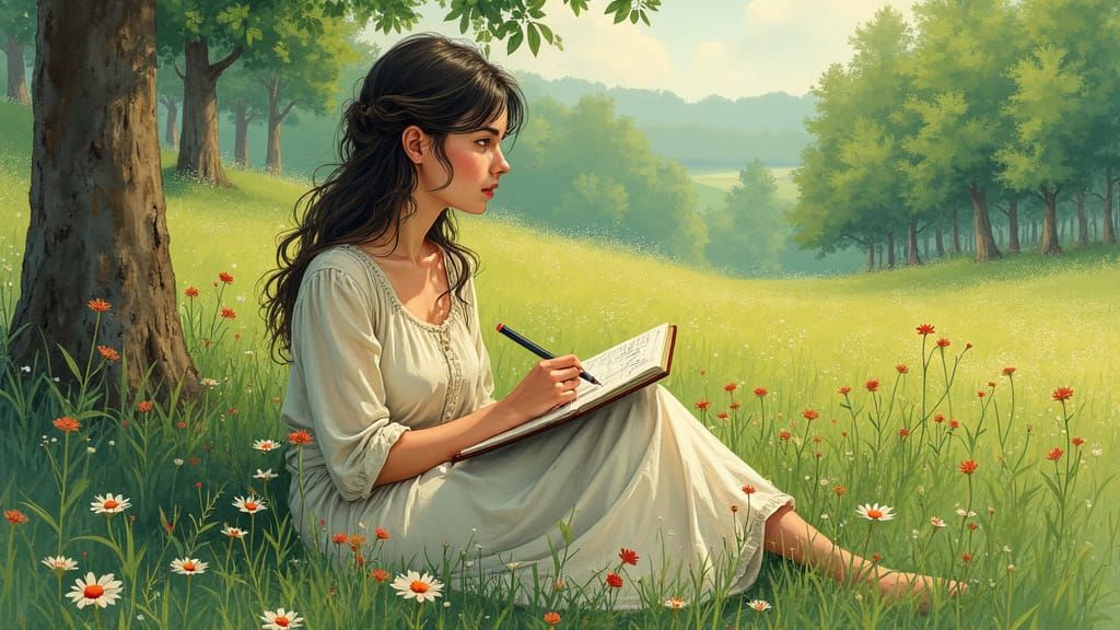Woman Sketching Portrait in Lush Meadow