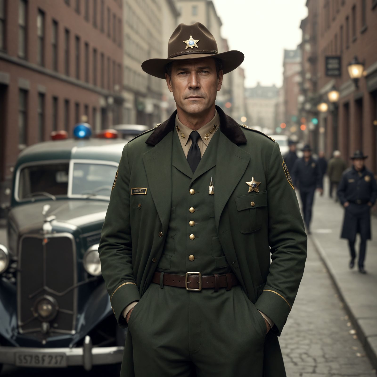 Fit Sheriff in 1930's Police Car, Art Deco Noir Style