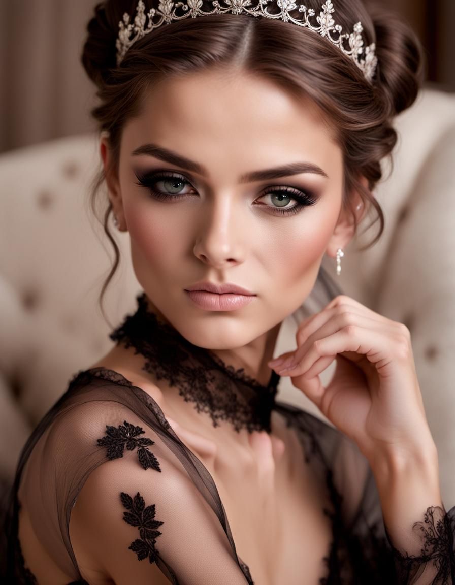 Elegant Queen in Black Peignoir, Professional Photography