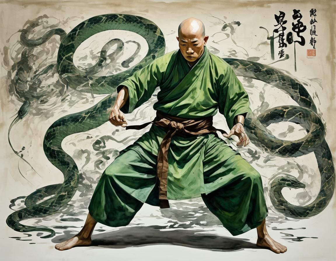 Monk in Snake Stance: Neo-Expressionist Ink Illustration