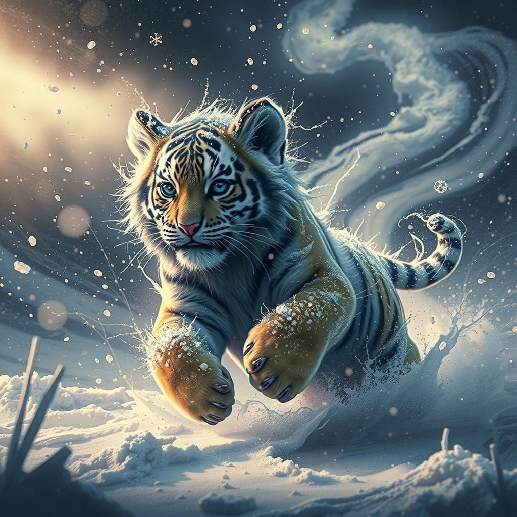 Magical Tiger Cub in Winter Tempest: Fantasy Art