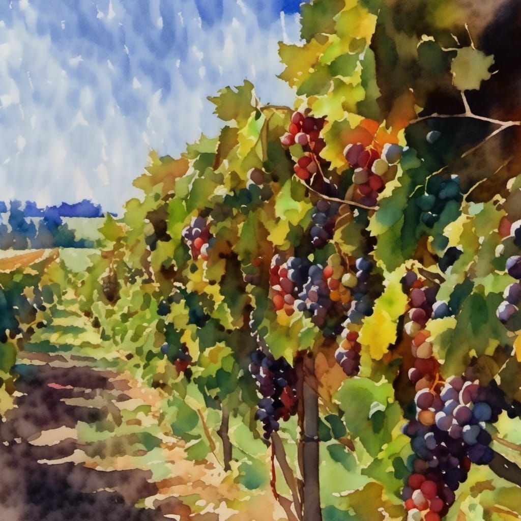 Sunny Vineyard Harvest in Watercolor Style