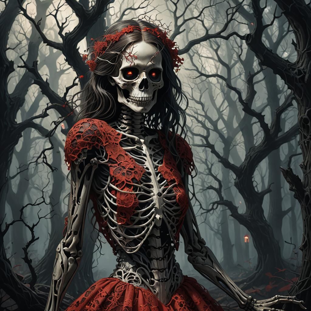 Skeleton in Red Lace Dress, Dark Fantasy Art