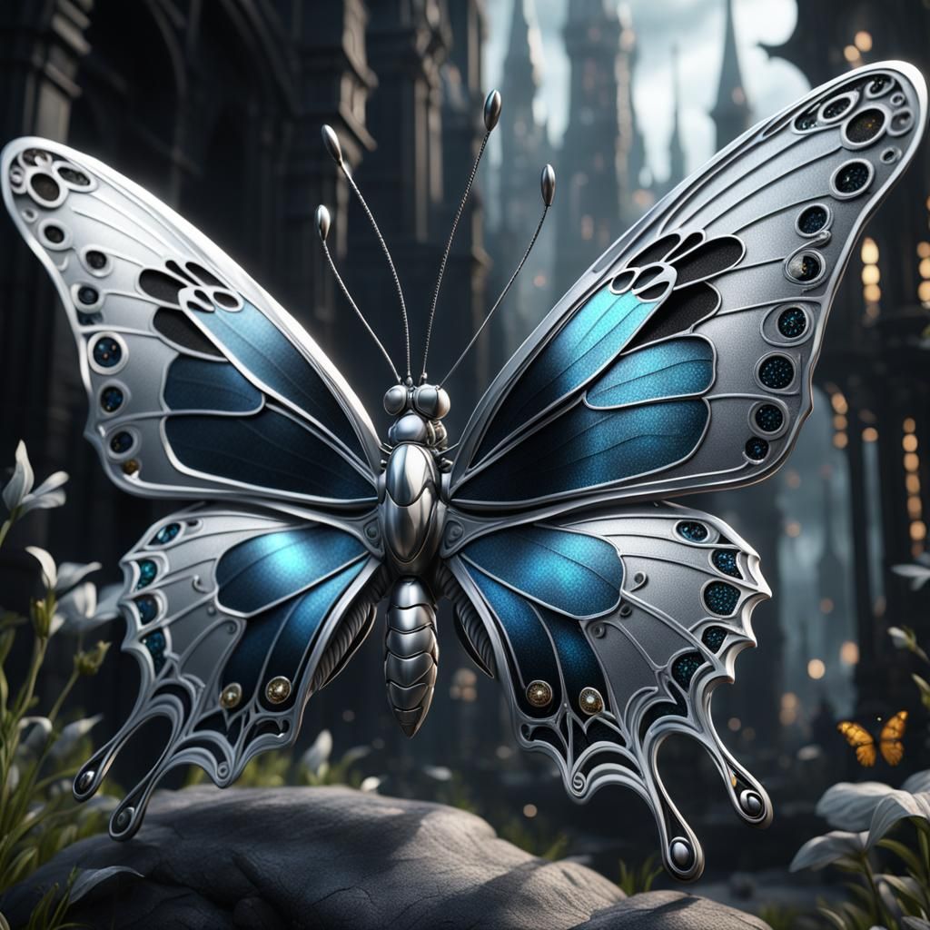 Fantastical Black and Silver Butterfly in Detailed Matte Pai...