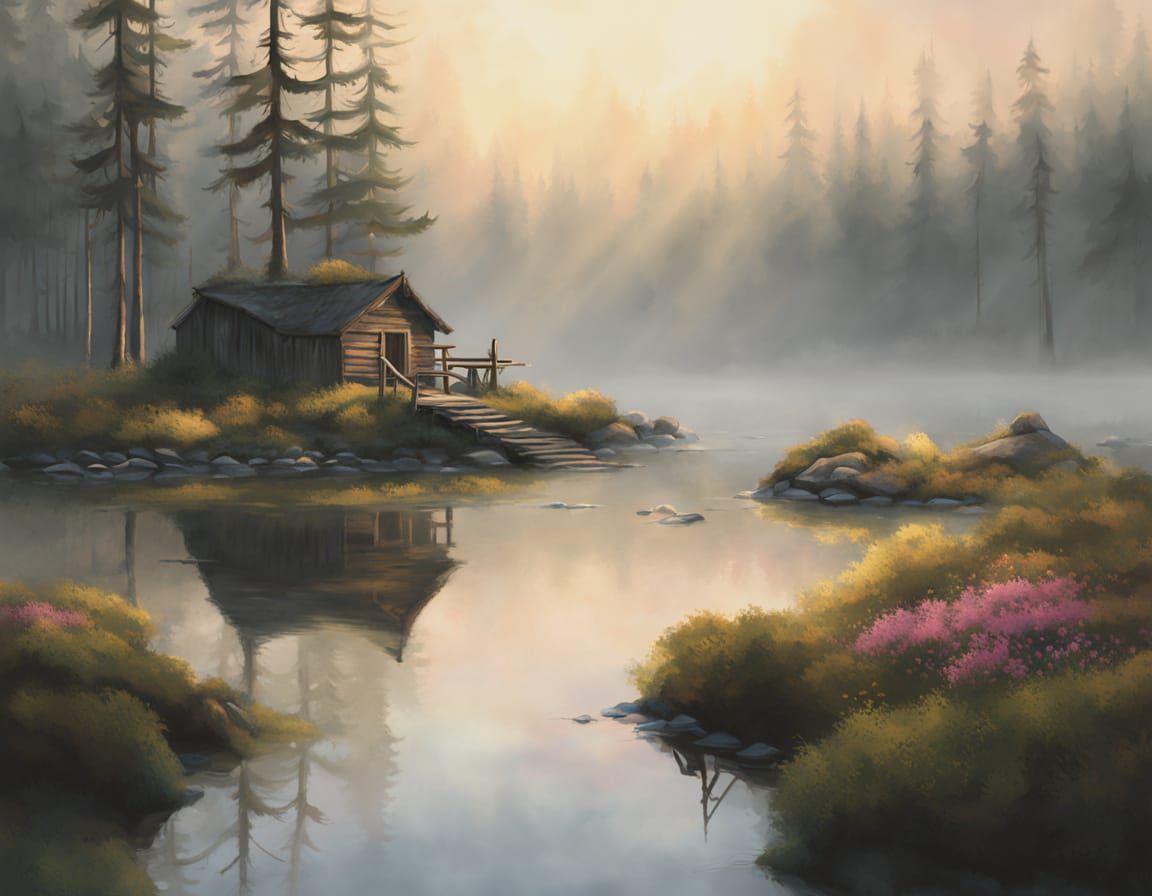 Misty Pine Forest Morning with Golden Sun Rays