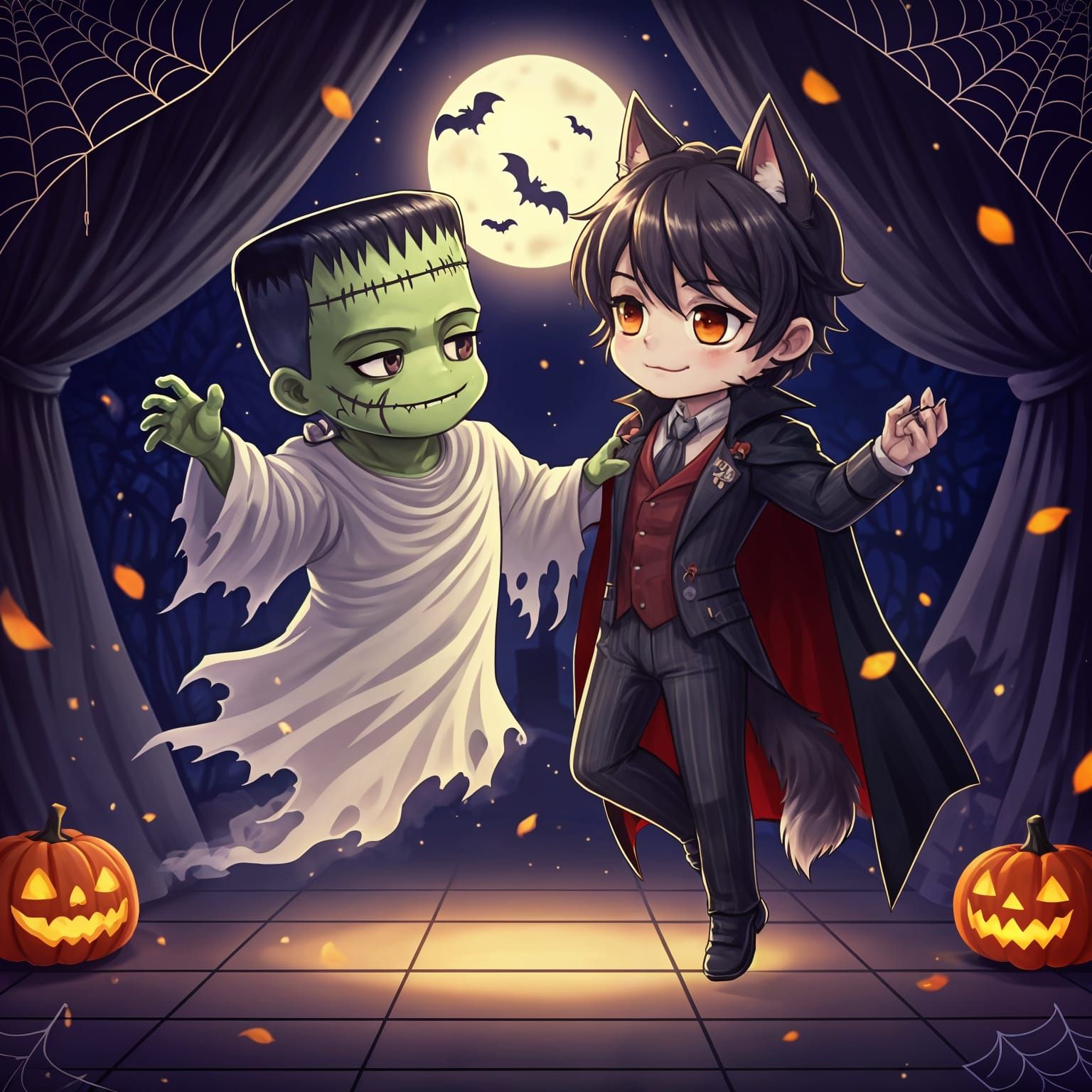 Chibi Frankenstein Dances with Vampire Werewolf