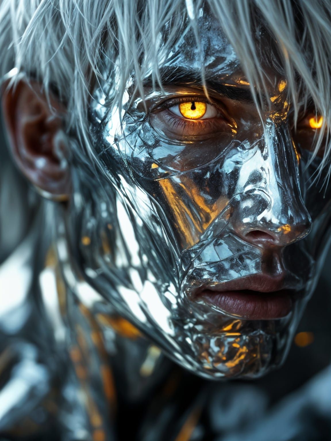 Metallic Man with Golden Eyes, Hyperrealistic Portrait