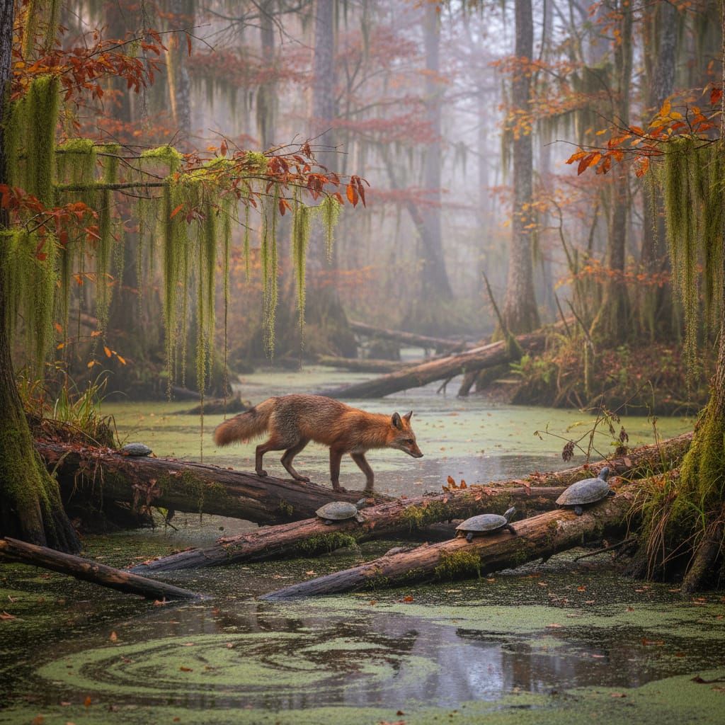 Vibrant Fox Navigates Misty Swamp on Fallen Logs