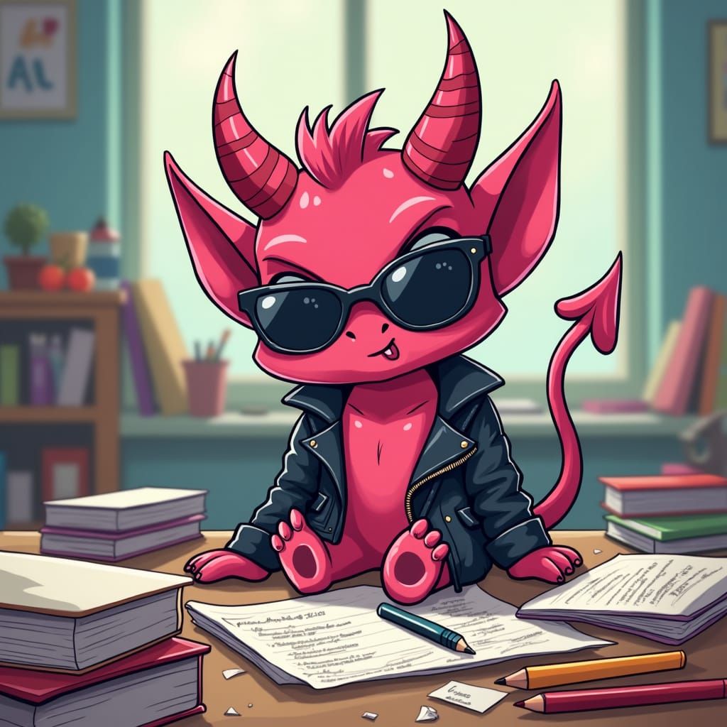 Adorable Pink Demon on Student Desk: Kawaii Style