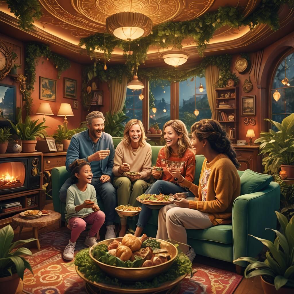 Family Meal in Cozy TV Lounge: Digital Matte Painting