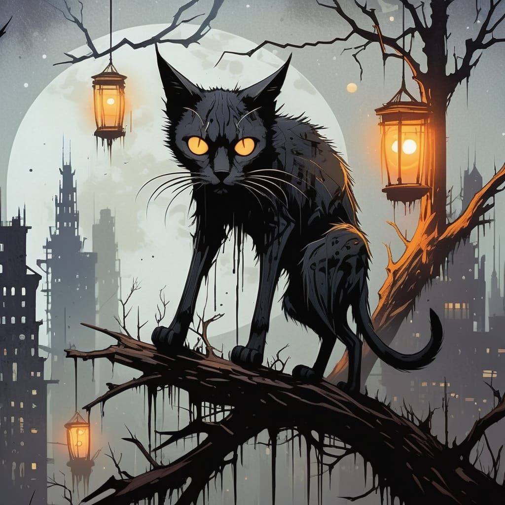 A sleek, elongated Shadow Lynx scrawny, cat, thin, with extremely long lean legs, with a wiry, dripping, inky black coat...