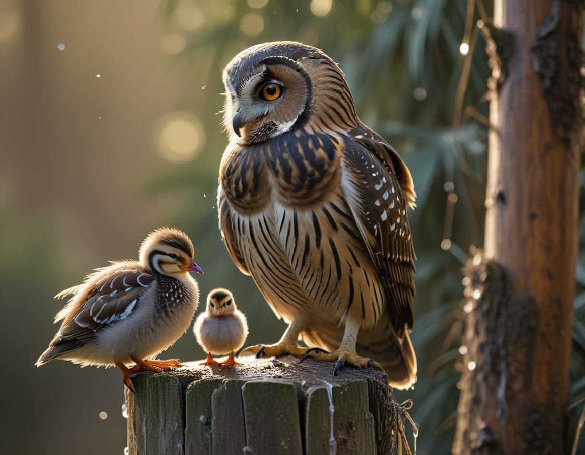 Owl Watches Mandarin Duck Family: Wildlife Photography