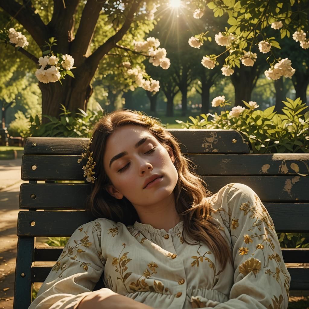 Serene Girl Asleep on Park Bench in Sunlight