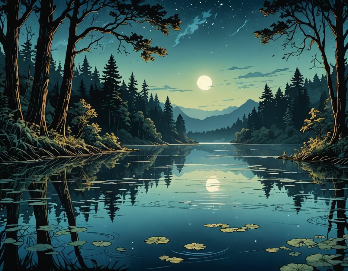 Serene Night Lake in Comic Book Style
