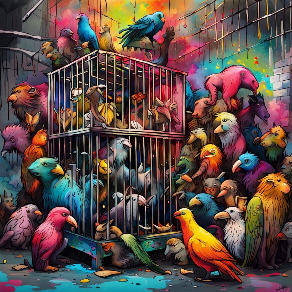 Bazaar Scene with Caged Animals in Graffiti Art Style