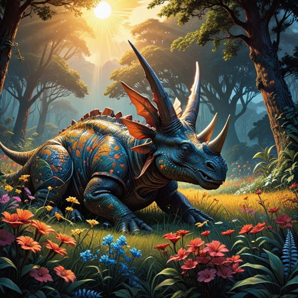 Tranquil Triceratops in a Prehistoric Meadow