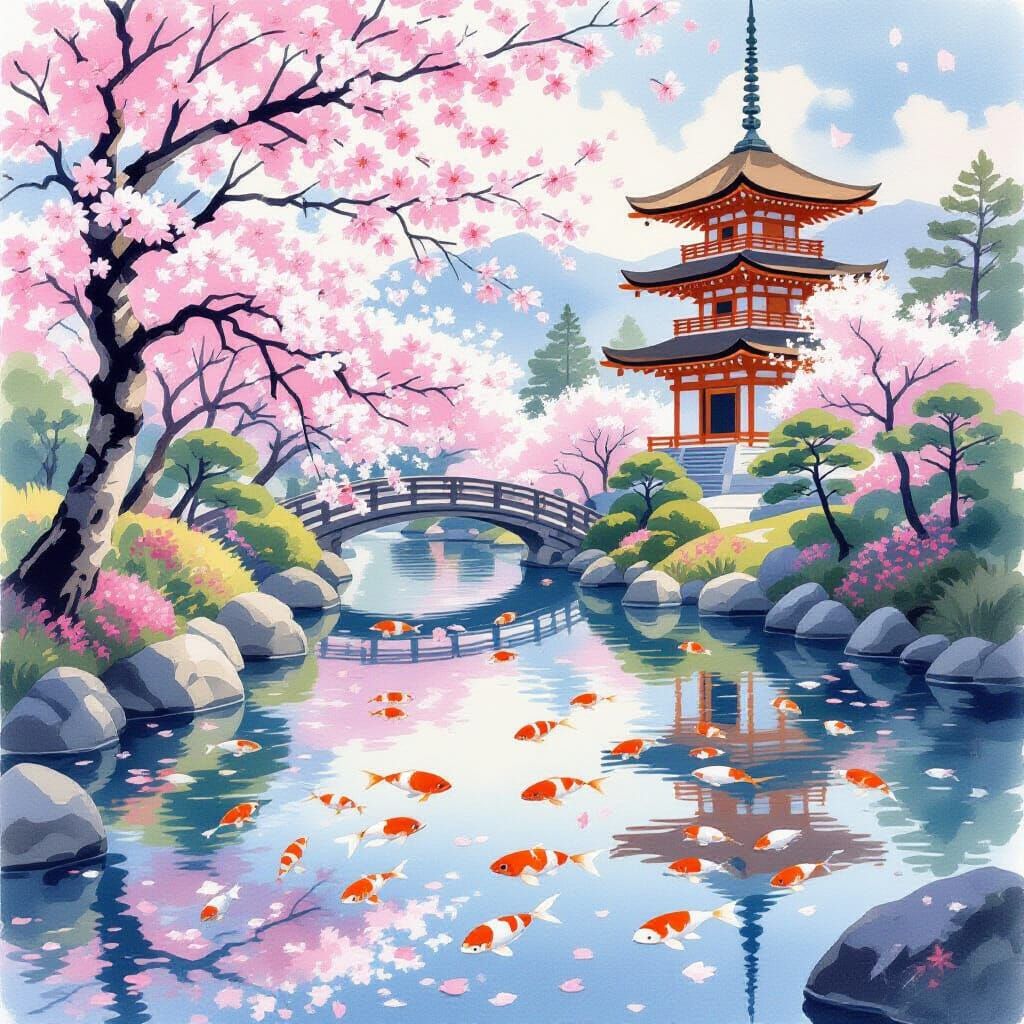 Japanese Garden with Cherry Blossoms in Watercolor Style
