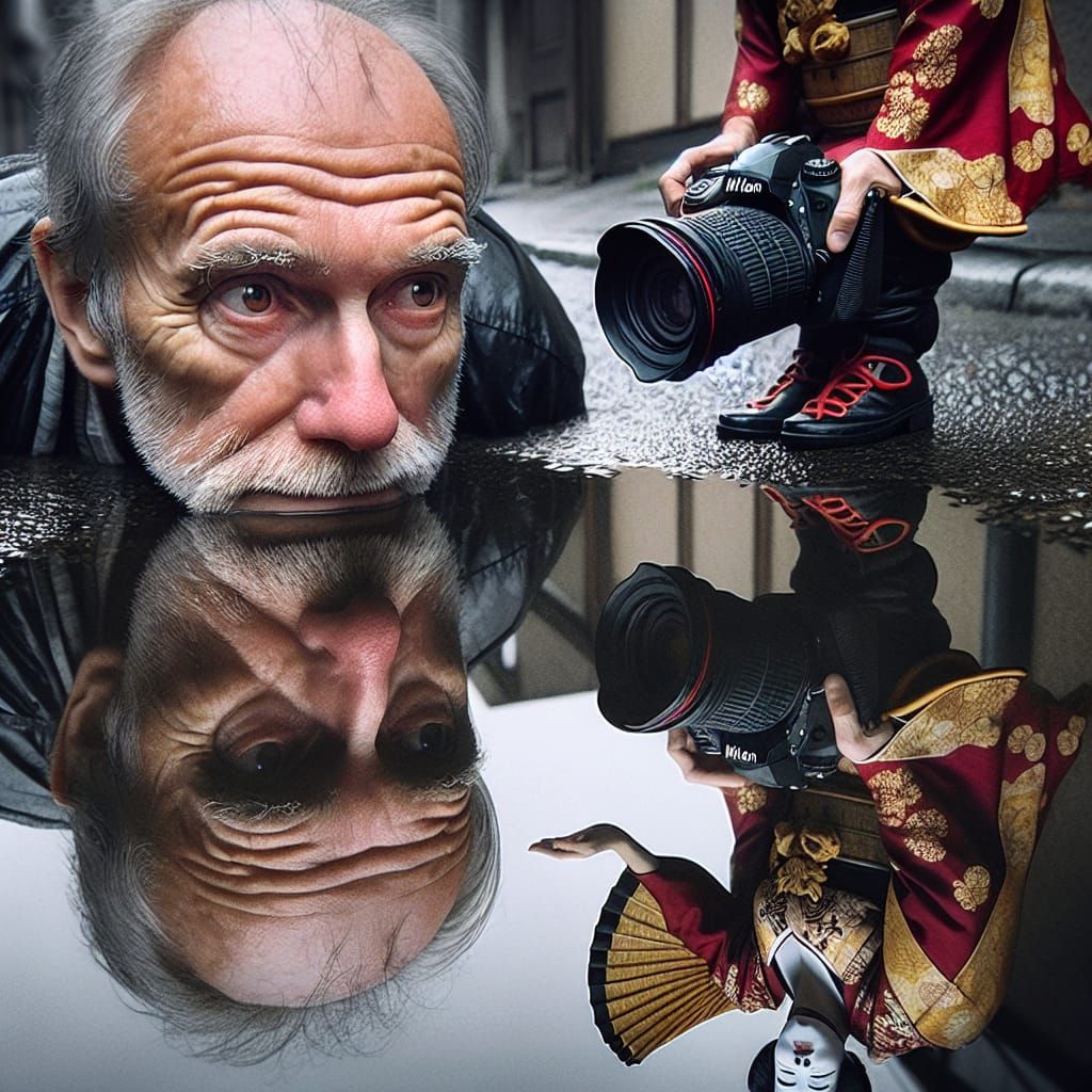 A Frumpy Middle Aged Man Staring into a rain puddle reflecti...