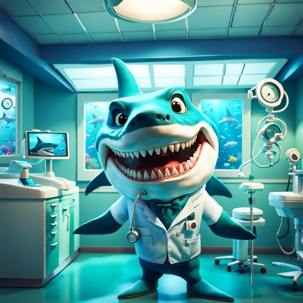 Anthropomorphic Shark Dentist in Underwater Office