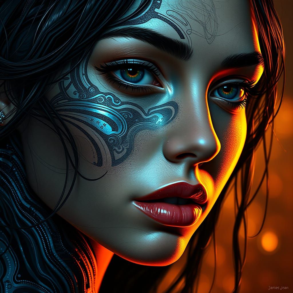 Woman Portrait with Liquid Metal Patterns in James Jean Styl...