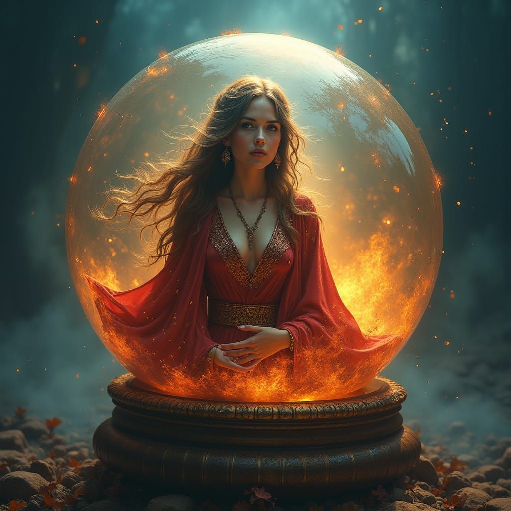 Gypsy Sorceress Trapped in Fiery Crystal Ball