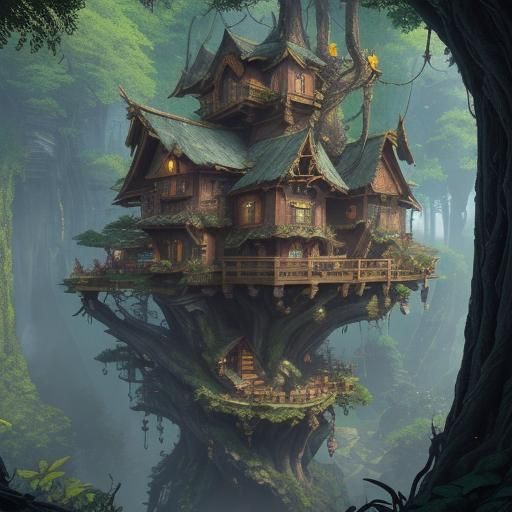 Fantastical Treetop Village in Detailed Matte Painting