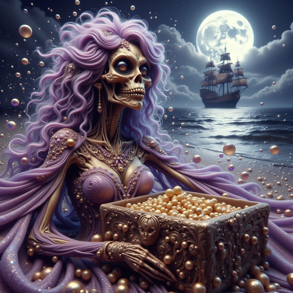 Gilded Skeleton Treasure on Moonlit Beach