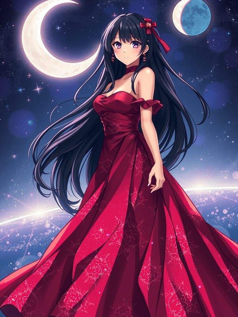 Anime Sorceress with Galaxy Gown in Cosmic Scene